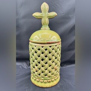 Large Green Ceramic Lattice and Cross Candle Holder